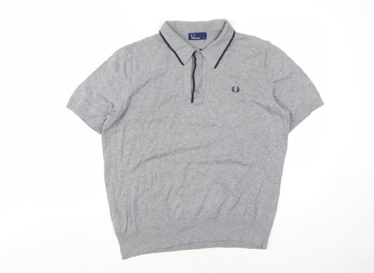 Fred Perry Mens Grey Cotton Polo Size L Collared Button