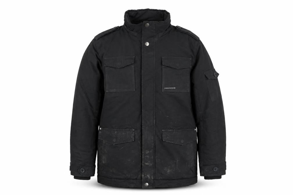 Front view of VOLCANO men’s black jacket coat, size L, zip