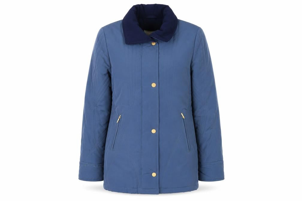 Front view of EWM women’s blue jacket coat, size UK 10, zip