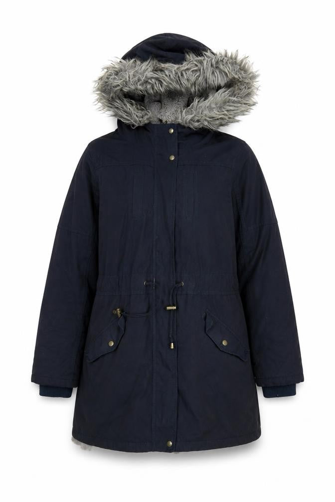 Front view of Oasis women’s black parka coat, size M, zip