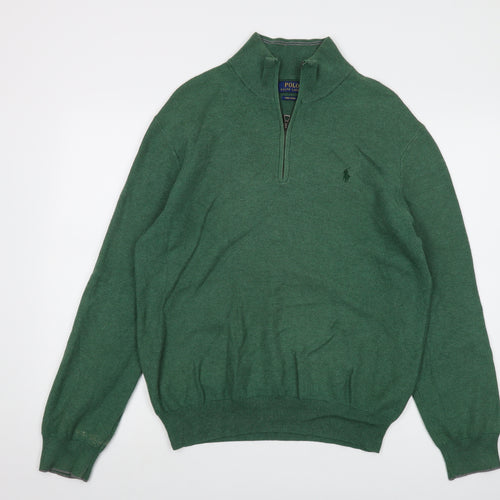 Polo Ralph Lauren Mens Green Mock Neck Cotton Pullover Jumper Size L Long Sleeve