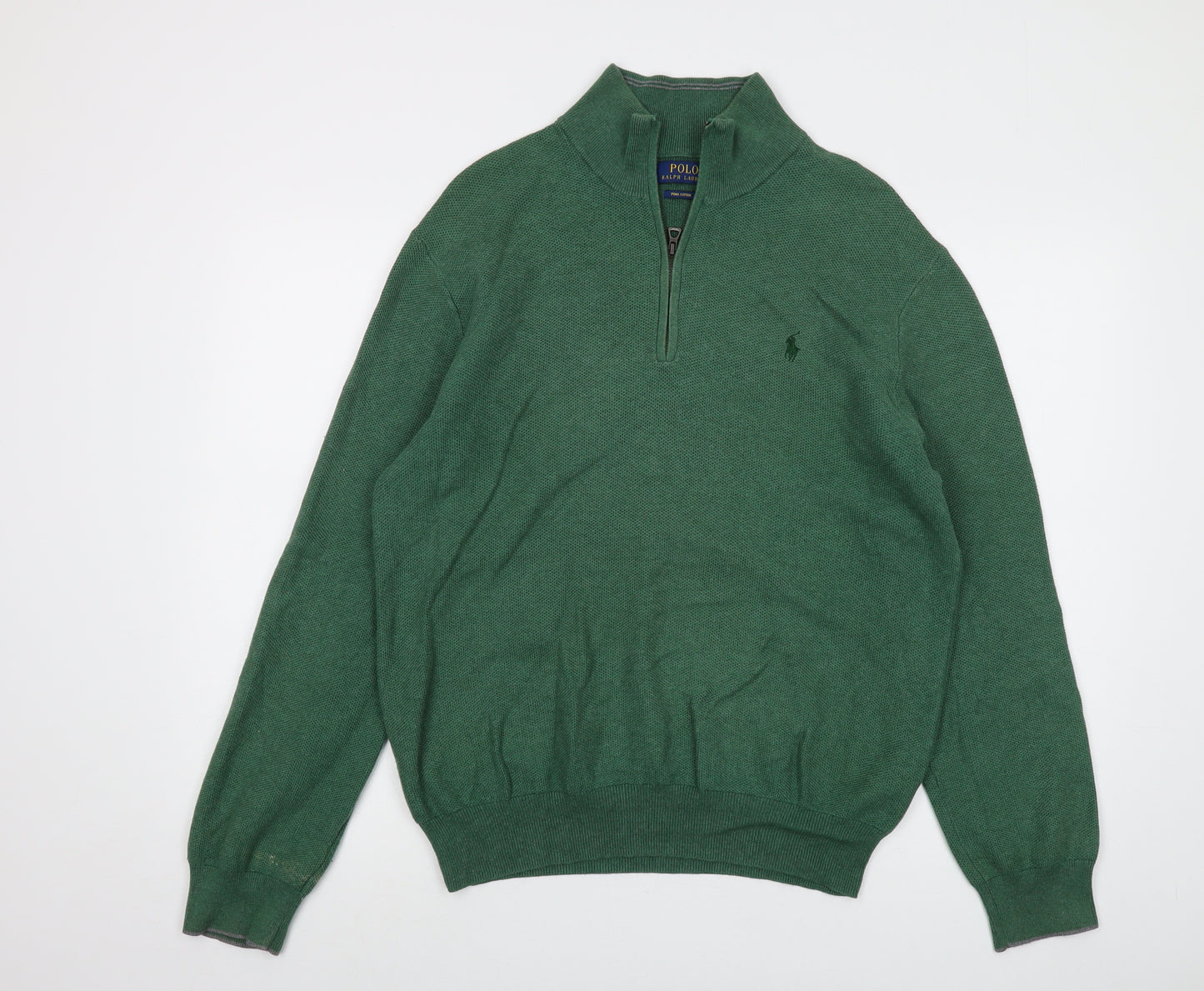 Polo Ralph Lauren Mens Green Mock Neck Cotton Pullover Jumper Size L Long Sleeve