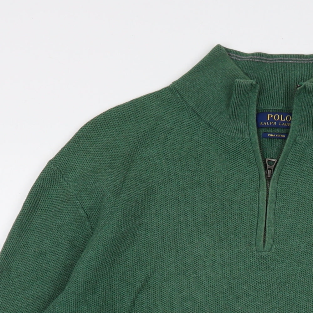 Polo Ralph Lauren Mens Green Mock Neck Cotton Pullover Jumper Size L Long Sleeve