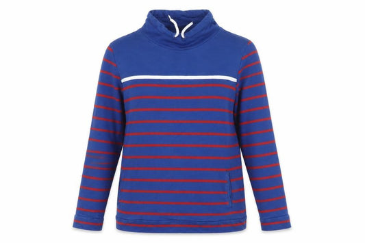 Front view of Equestrian women’s blue striped cotton pullover sweatshirt, size UK 14, pullover