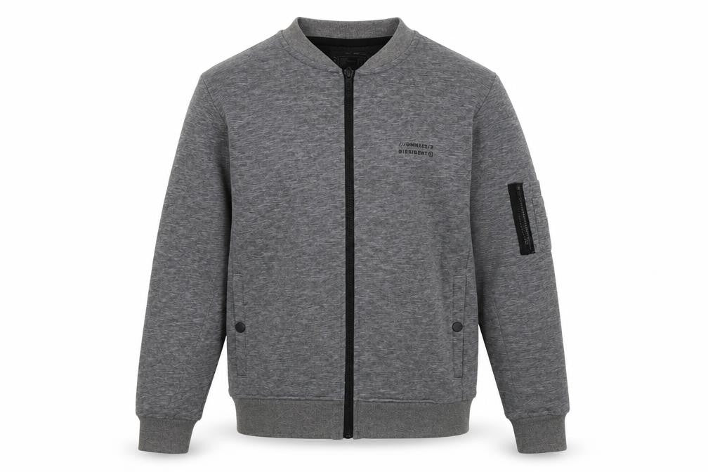 Front view of DNM Dissident men’s grey cotton full zip sweatshirt, size M