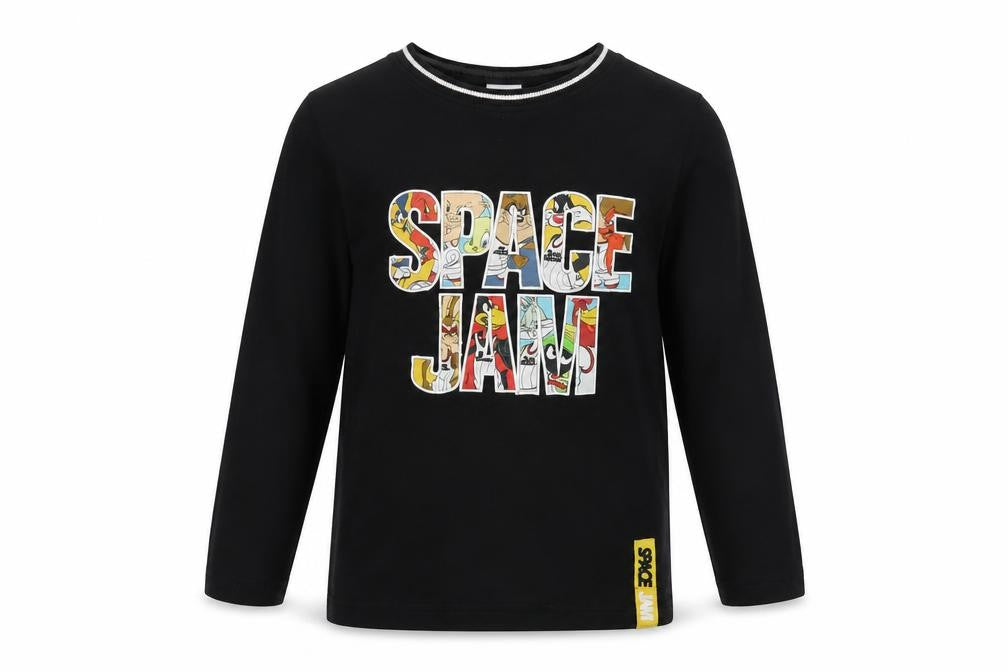 Front view of Space Jam boys’ black cotton basic t-shirt, size 4-5, years crew neck pullover - tune squad