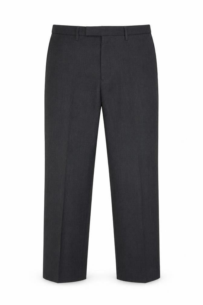 Front view of BOSS men’s green polyester trousers, size 34, in, 32-inch leg regular button