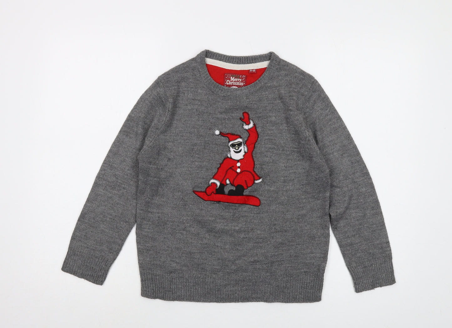 Brave Soul Boys Grey Crew Neck Acrylic Pullover Jumper Size 11-12 Years Pullover - Christmas