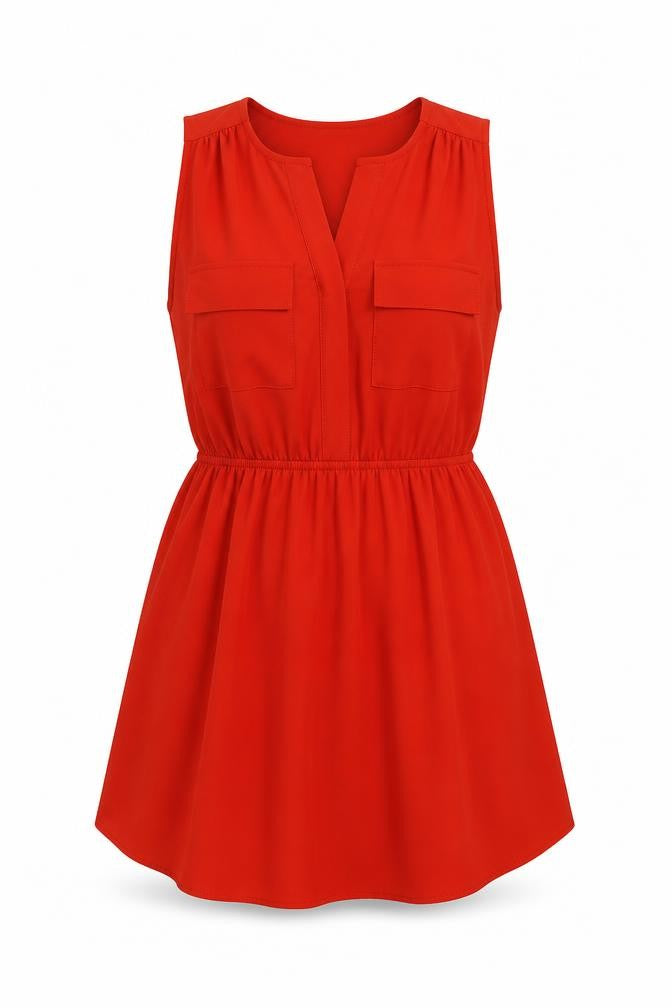 Front view of Monteau women’s red polyester mini, size S, v-neck pullover