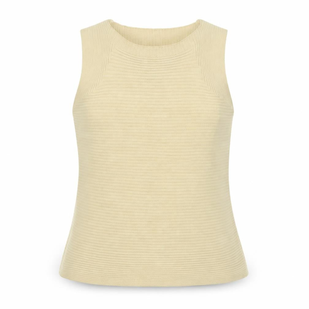 Front view of Gap women’s beige acrylic basic tank, size M, round neck