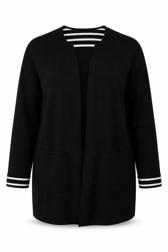 Front view of Centrigade women’s black v-neck polyester cardigan jumper, size XL