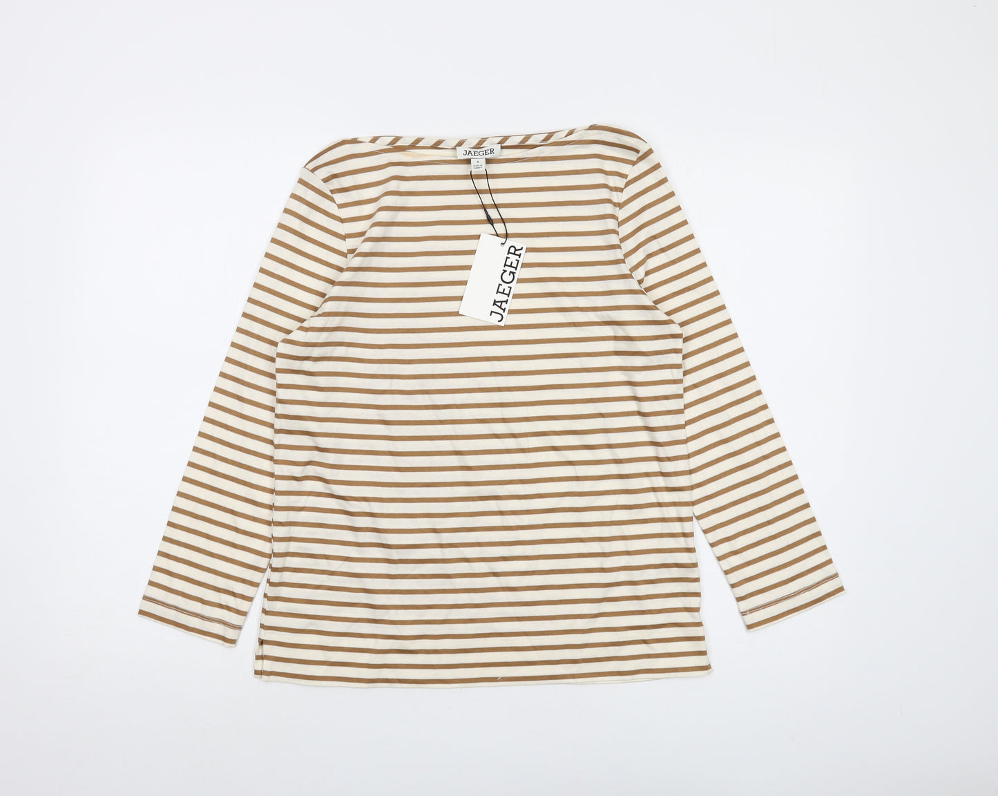 Jaeger Womens Beige Striped Cotton Basic T-Shirt Size 8 Round Neck
