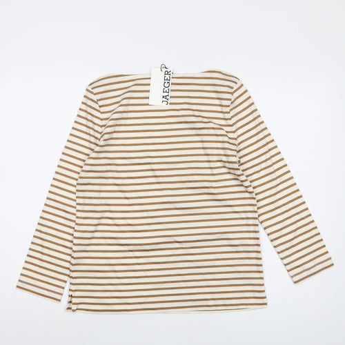 Jaeger Womens Beige Striped Cotton Basic T-Shirt Size 8 Round Neck