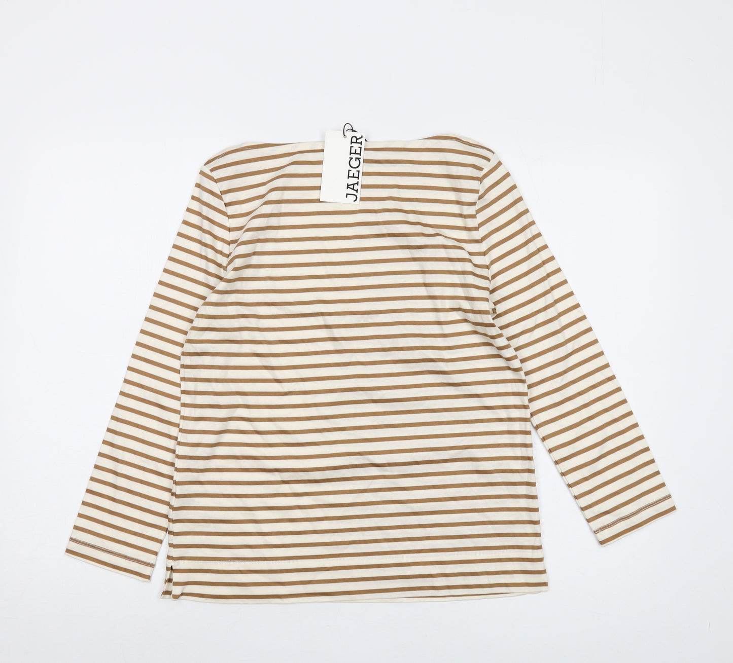 Jaeger Womens Beige Striped Cotton Basic T-Shirt Size 8 Round Neck