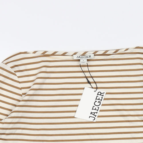 Jaeger Womens Beige Striped Cotton Basic T-Shirt Size 8 Round Neck