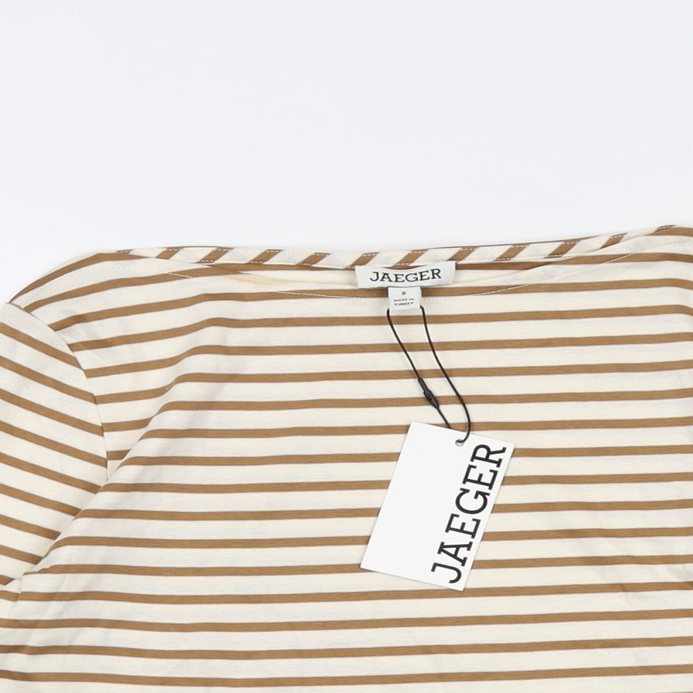 Jaeger Womens Beige Striped Cotton Basic T-Shirt Size 8 Round Neck