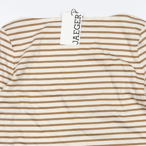 Jaeger Womens Beige Striped Cotton Basic T-Shirt Size 8 Round Neck