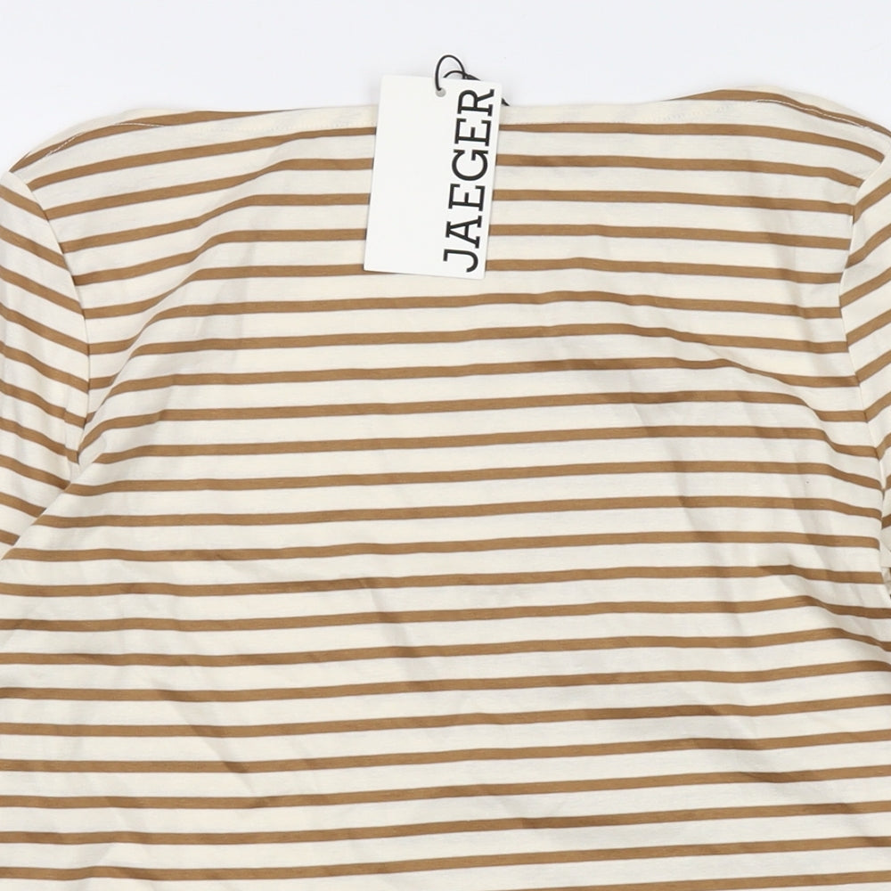 Jaeger Womens Beige Striped Cotton Basic T-Shirt Size 8 Round Neck