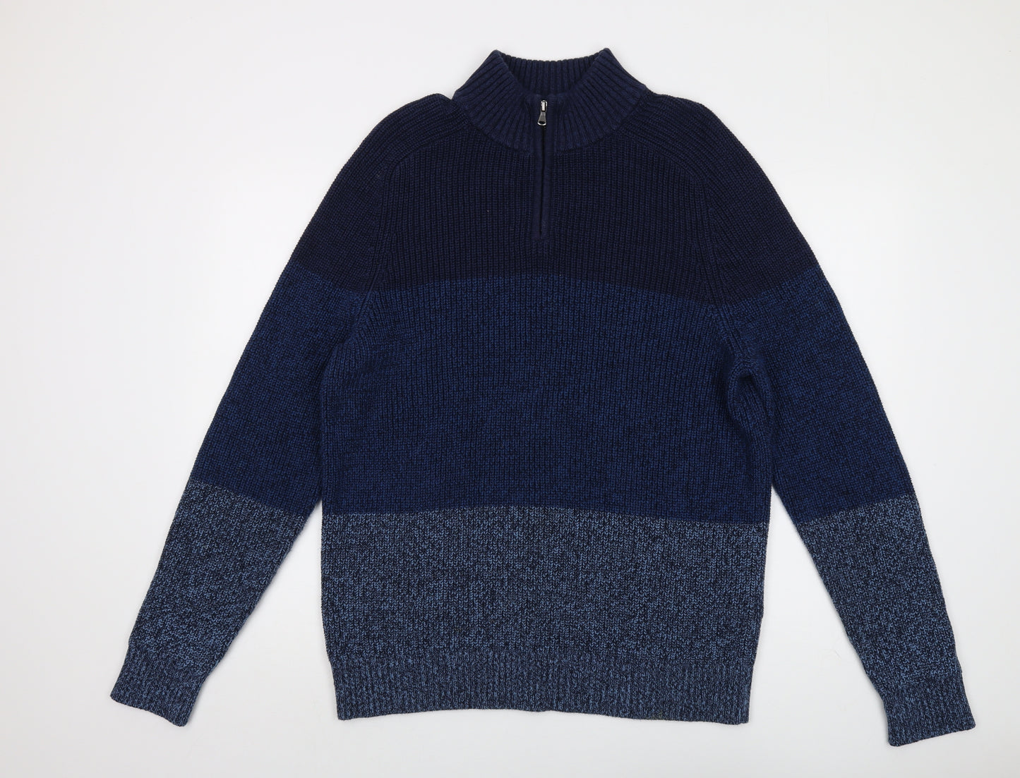 Lands' End Mens Blue Mock Neck Cotton Pullover Jumper Size L Long Sleeve