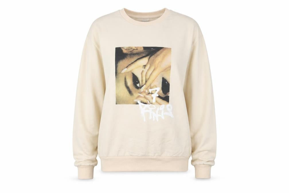 Front view of Divided Beige XS Graphic Print Pullover Sweatshirt