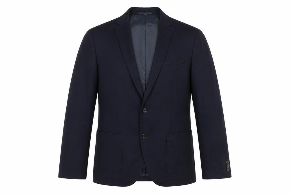Front view of Marks & Spencer men’s blue polyester jacket suit jacket, size 46, regular