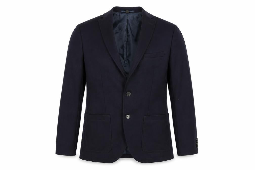 Front view of Marks & Spencer men’s blue polyester jacket suit jacket, size 40, regular