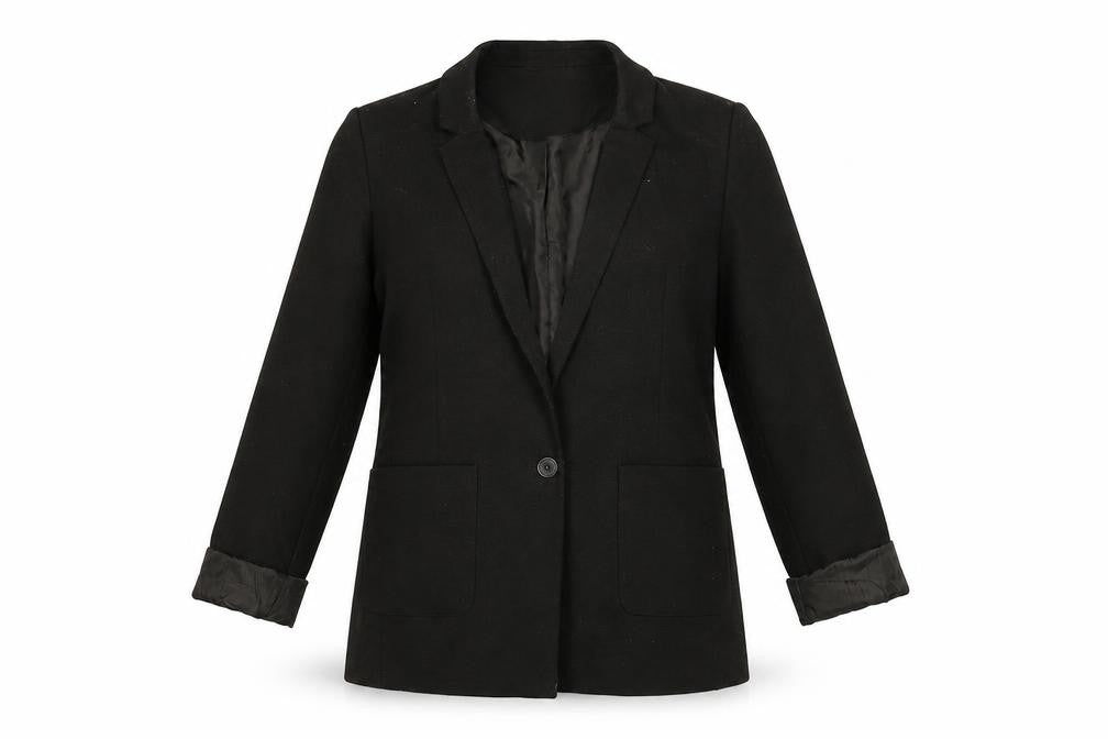 Front view of Oasis women’s black jacket blazer, size UK 12, button
