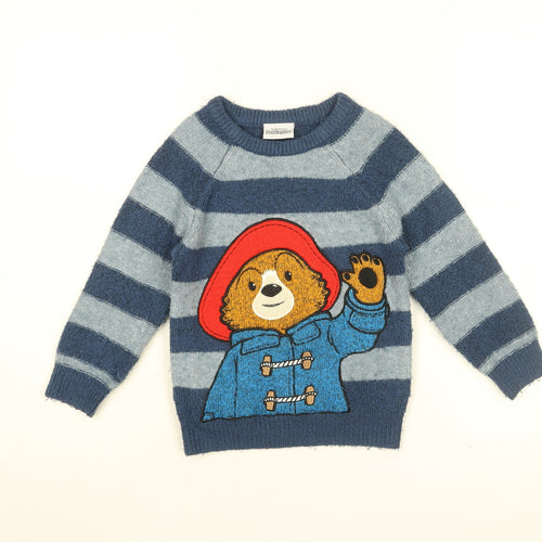 Paddington Boys Blue Round Neck Striped Acrylic Pullover Jumper Size 3-4 Years Pullover - Paddington Bear