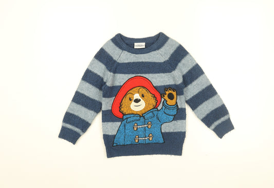 Paddington Boys Blue Round Neck Striped Acrylic Pullover Jumper Size 3-4 Years Pullover - Paddington Bear