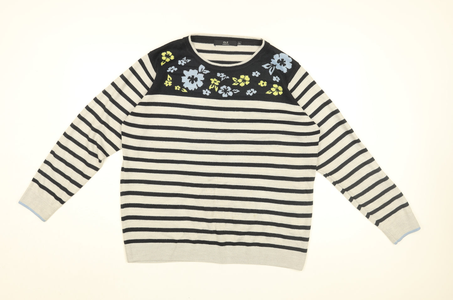 Isle Womens Grey Round Neck Striped Acrylic Pullover Jumper Size 18 - Floral Print