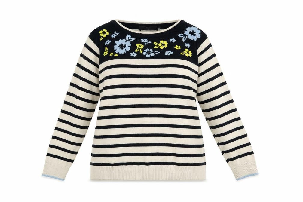 Isle Womens Grey Round Neck Striped Acrylic Pullover Jumper Size 18 - Floral Print