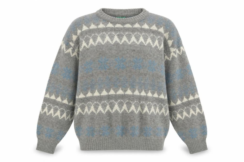 Front view of CANDA women’s grey round neck geometric acrylic jumper, size L