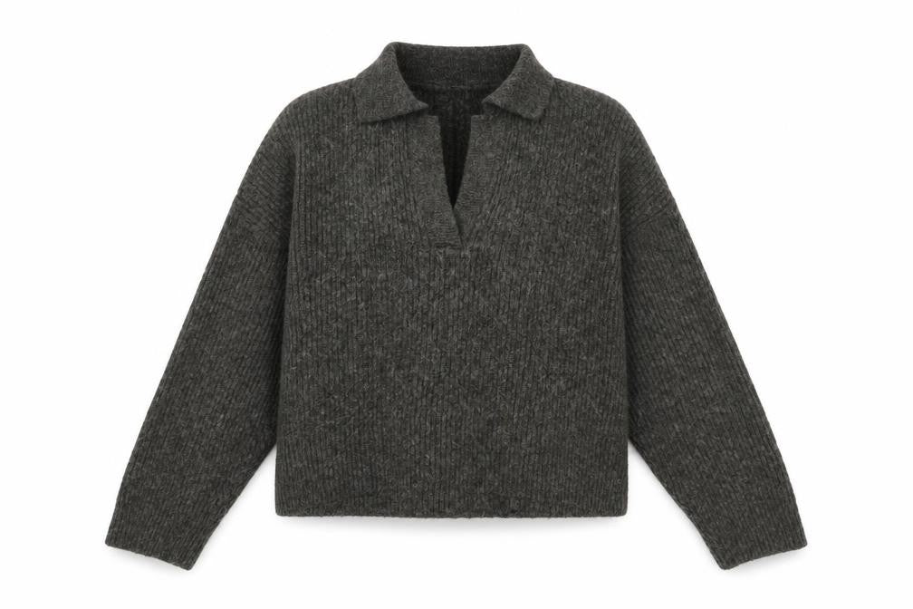 Front view of Pimkie women’s grey collared acrylic jumper, size S