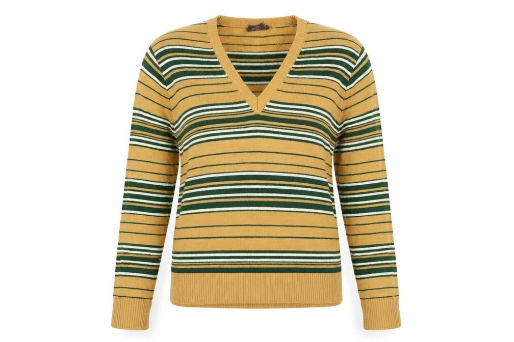 Front view of Fay's women’s beige v-neck striped acrylic jumper, size L