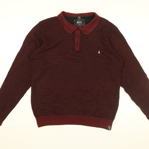 Gabicci Mens Red Geometric Cotton Polo Size L Collared Button