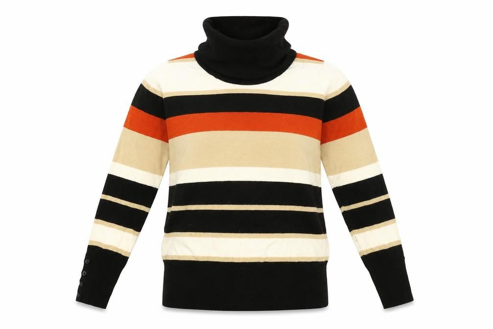 Front view of Isle women’s multicoloured roll neck striped acrylic jumper, size UK 10