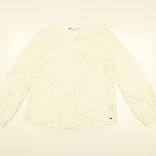 NUMPH Womens White Floral Cotton Basic Blouse Size 8 Round Neck