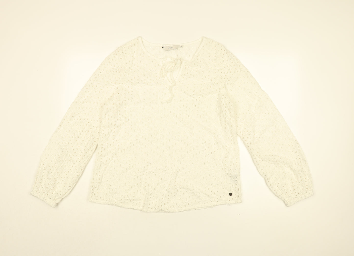 NUMPH Womens White Floral Cotton Basic Blouse Size 8 Round Neck