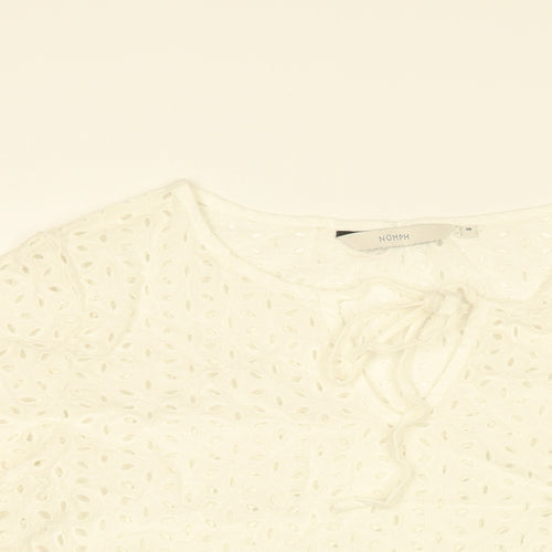 NUMPH Womens White Floral Cotton Basic Blouse Size 8 Round Neck