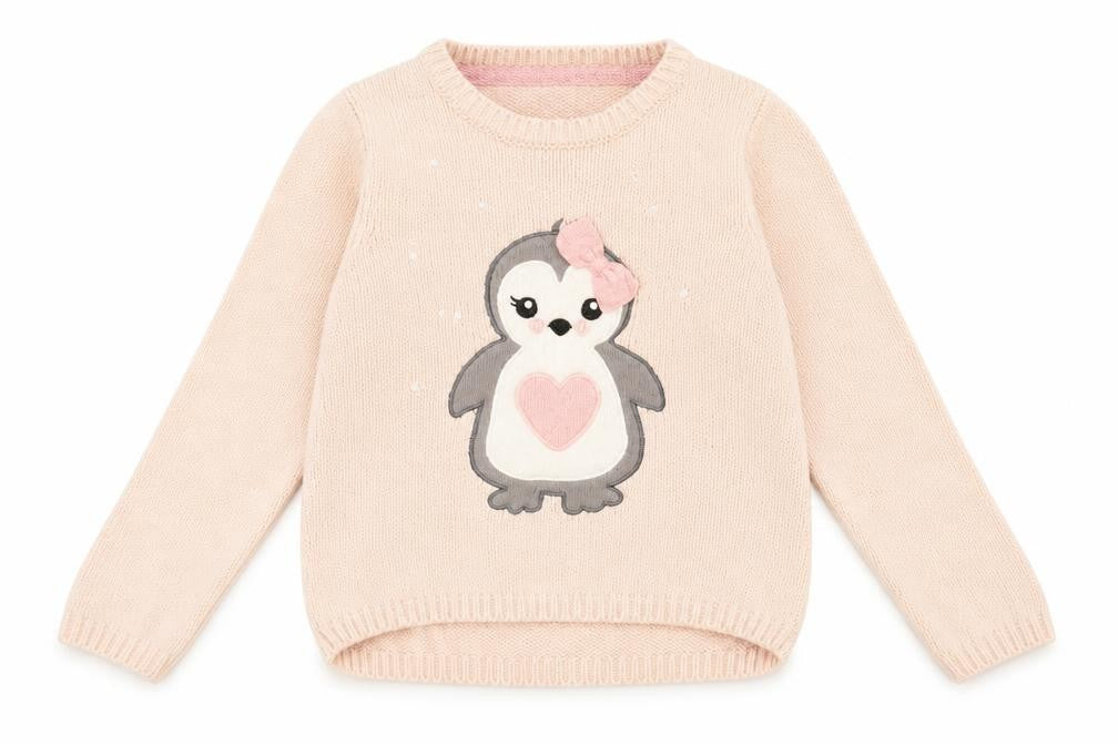Front view of Miss Mona Mouse girls’ pink round neck cotton jumper, size 3, years pullover - penguin