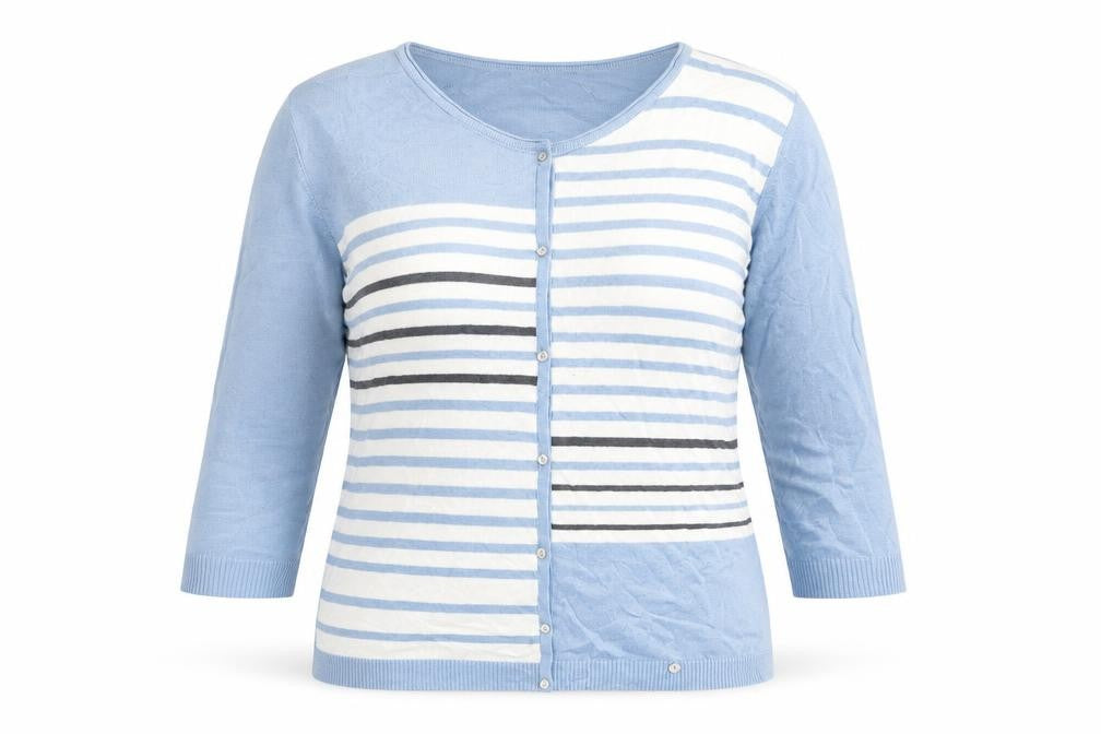 Front view of GolleHaug women’s blue striped cotton basic t-shirt, size UK 16, round neck