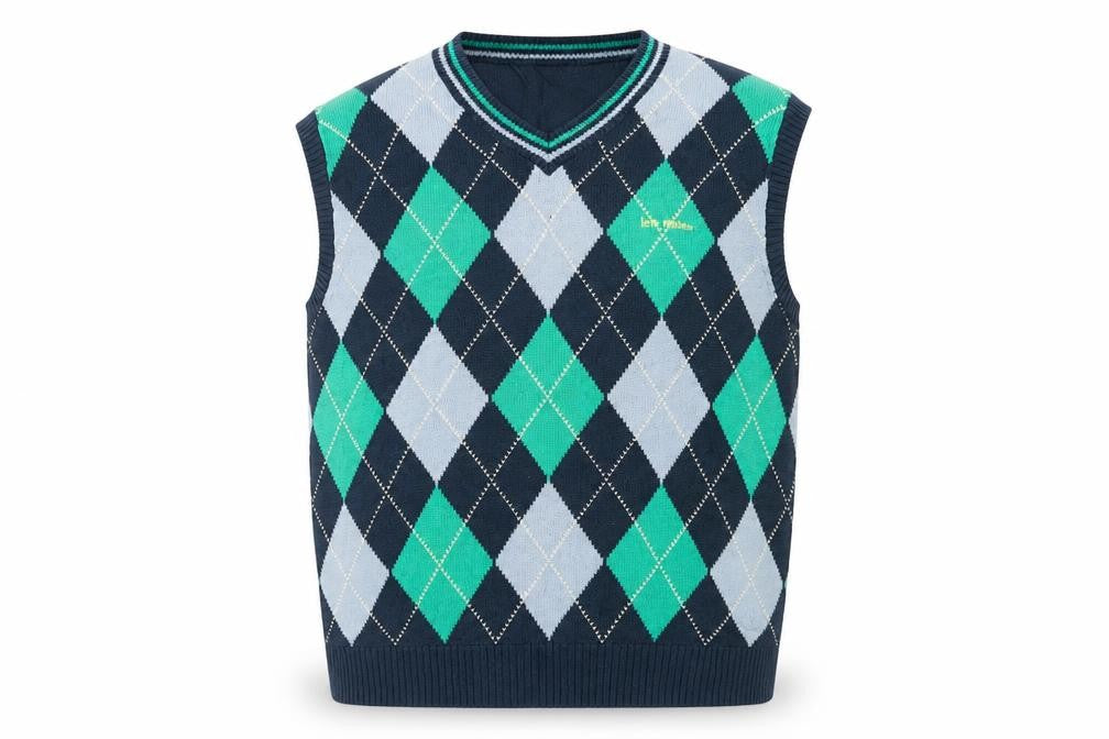 Front view of Iets Frans men’s blue v-neck argyle/diamond acrylic jumper, size S, sleeveless