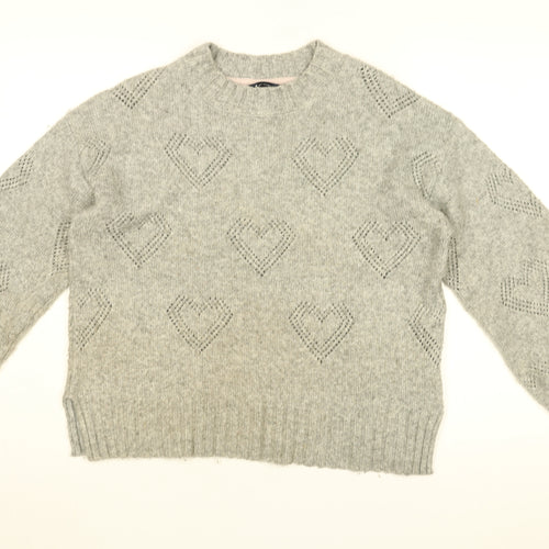 Crew Clothing Company Womens Grey Round Neck Geometric Acrylic Pullover Jumper Size 14 - Heart Print