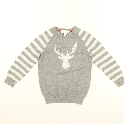 The White Company Boys Grey Round Neck Striped Cotton Pullover Jumper Size 3-4 Years Pullover - Stag Print