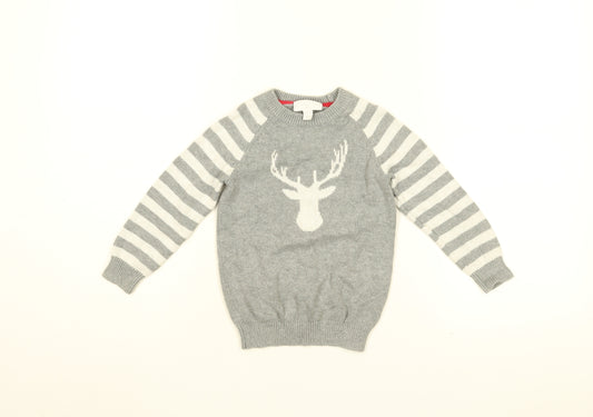 The White Company Boys Grey Round Neck Striped Cotton Pullover Jumper Size 3-4 Years Pullover - Stag Print