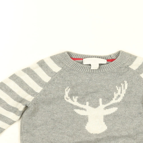 The White Company Boys Grey Round Neck Striped Cotton Pullover Jumper Size 3-4 Years Pullover - Stag Print