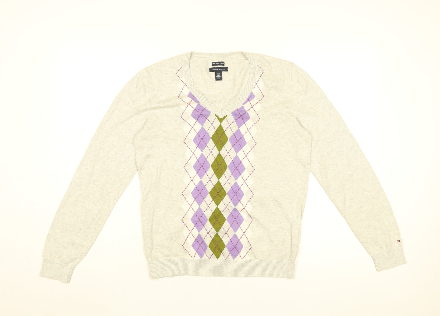 Tommy Hilfiger Womens Grey V-Neck Argyle/Diamond Cotton Pullover Jumper Size L