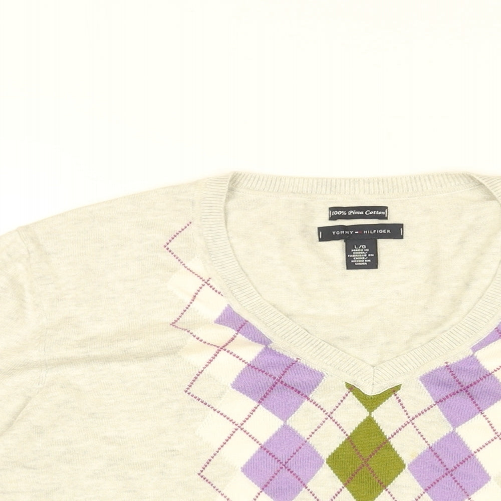 Tommy Hilfiger Womens Grey V-Neck Argyle/Diamond Cotton Pullover Jumper Size L