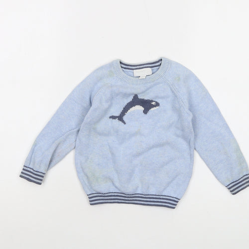 The Little White Company Boys Blue Crew Neck Cotton Pullover Jumper Size 2-3 Years Pullover