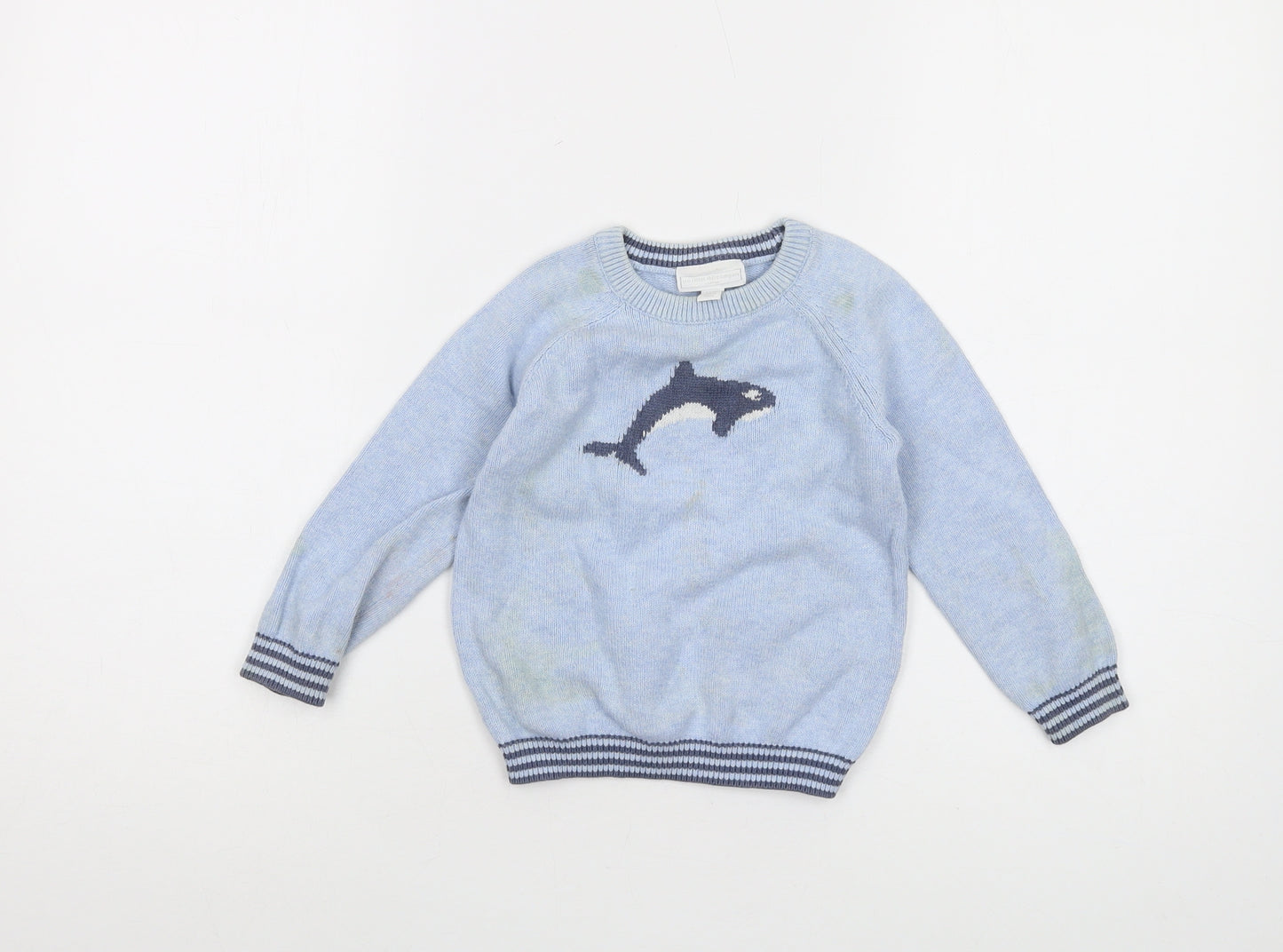 The Little White Company Boys Blue Crew Neck Cotton Pullover Jumper Size 2-3 Years Pullover